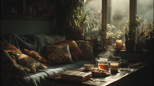 Cozy coach nesting with a cup of tea