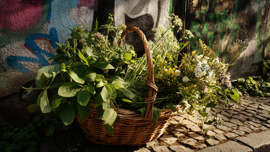 A woven basket filled with wild greens & flowers.  Background: graffiti wall & cobblestones
