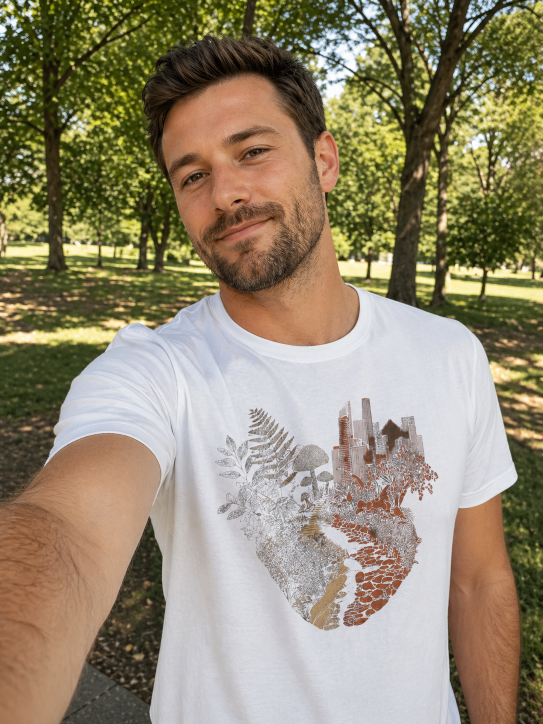 a handsome man in his early 30s, standing in a park, wearing a white Forest&City tee