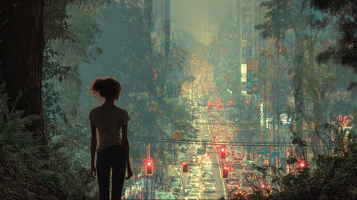 Person standing in a forest looking at a futuristic cityscape with neon lights.