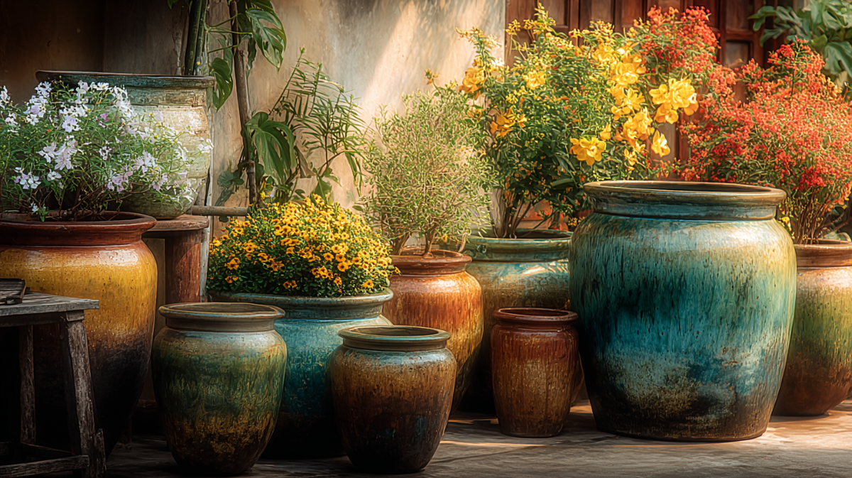 Collection of ceramic pots with plants in a rustic setting